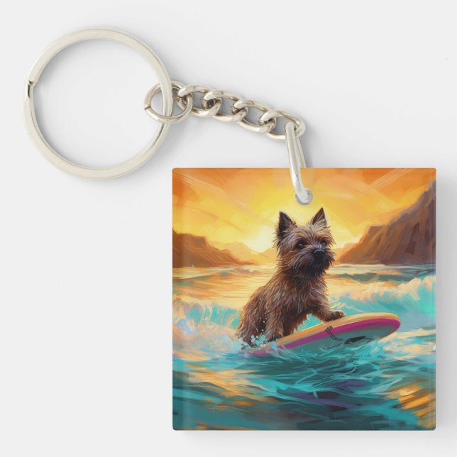 Llavero Pintura de Cairn Terrier Beach Surfing (Frente)
