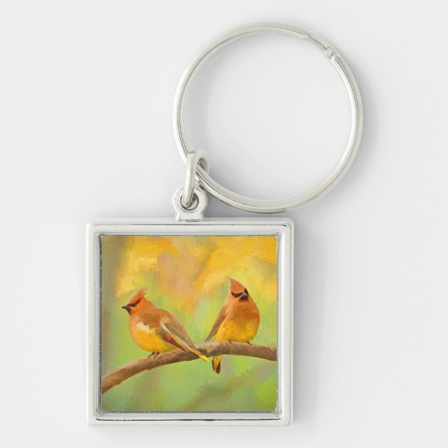 Llavero Pintura de cedro Waxwing - Arte de perro original  (Frente)