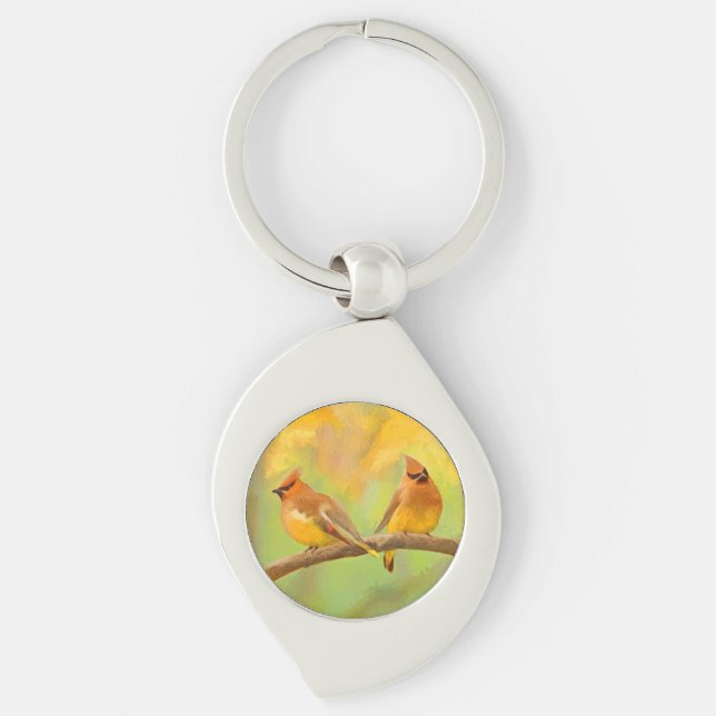 Llavero Pintura de cedro Waxwing - Arte de perro original  (Anverso)