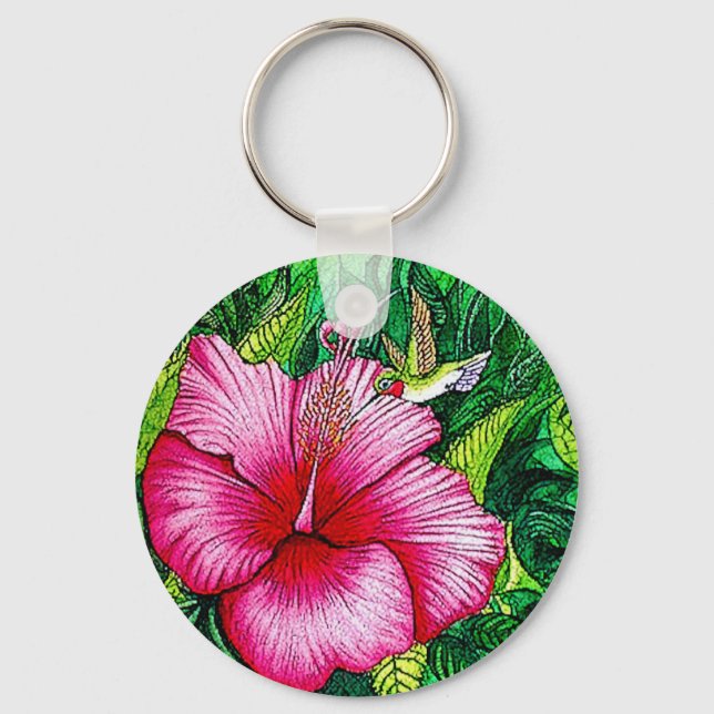 Llavero Pintura de color de agua de Hummingbird Hibiscus (Anverso)