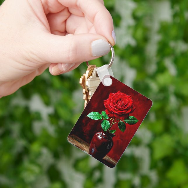 Llavero Pintura de Flor de Rosa Roja  (Mano)