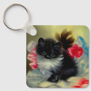Llavero Pintura de gatito blanco y negro vintage