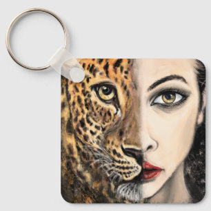 Llavero Pintura de Keychain de Leopard Chica Face Fantasy