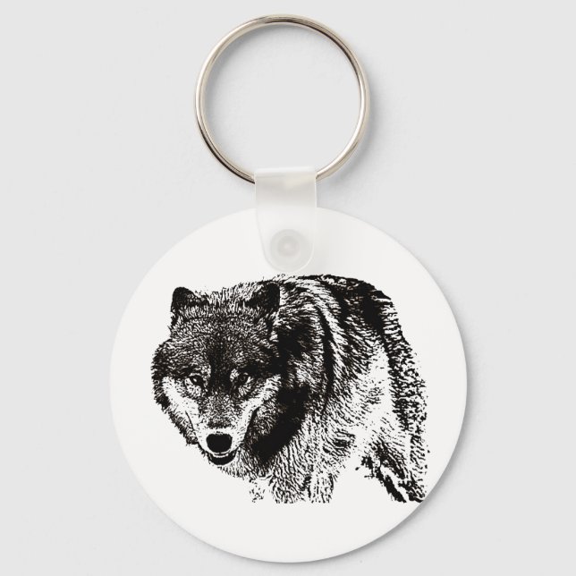 Llavero Pintura de Lobo Salvaje en blanco y negro (Anverso)