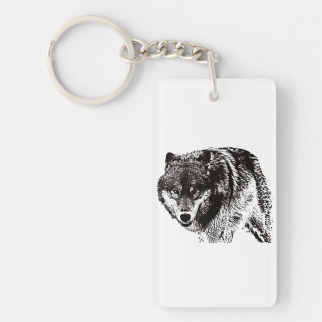 Llavero Pintura de Lobo Salvaje en blanco y negro (Frente)