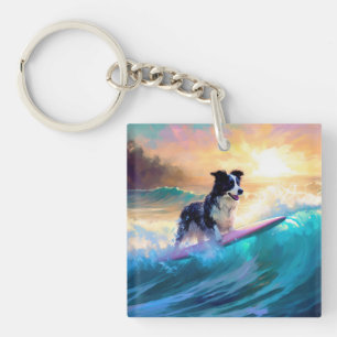 Llavero Pintura de Surf en la Playa de Border Collie