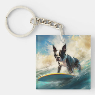 Llavero Pintura de surf en la playa de Boston Terrier