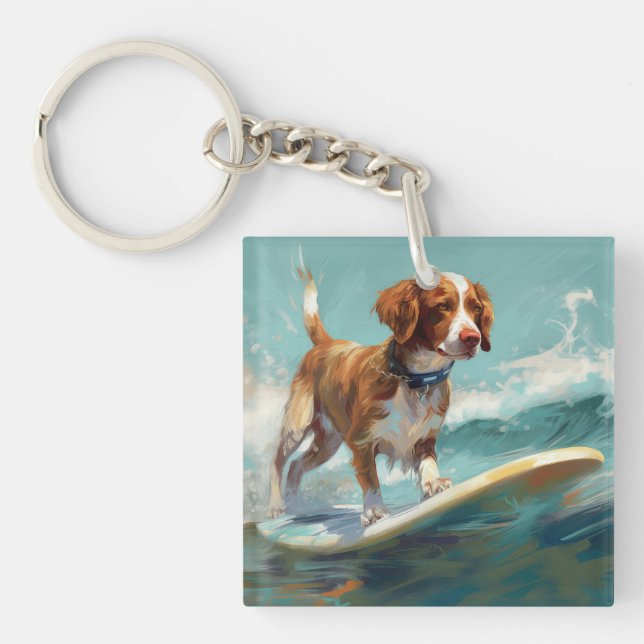 Llavero Pintura de surf en la playa de Brittany Spaniel (Frente)