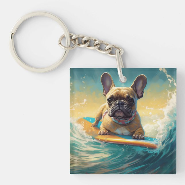 Llavero Pintura de surf en la playa de Bulldog francés (Frente)