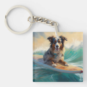 Llavero Pintura de Surf en la Playa de Pastor Australiano