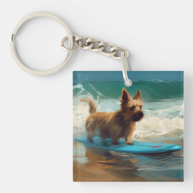 Llavero Pintura de Surf en la Playa de Terrier Australiano (Frente)