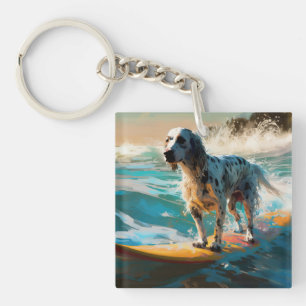 Llavero Pintura de surf en la playa del Setter inglés