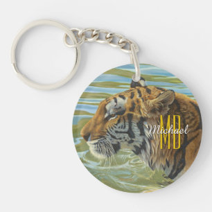 Llavero Pintura de Tigre, Personaliza Monograma y Nombre e