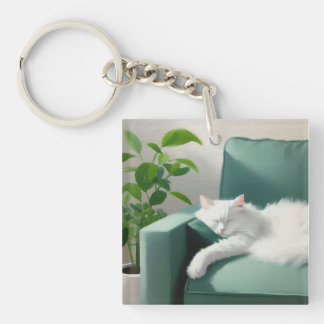 Llavero Pintura de un gato durmiendo en un sofá verde