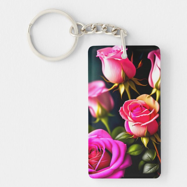 Llavero Pintura digital de flores de rosa rosa (Frente)