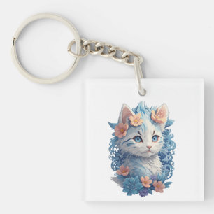 Llavero Pintura en acuarela de gato adorable con salpicadu