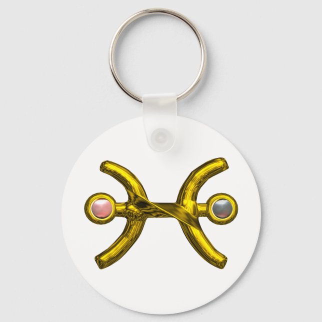 Llavero PISCES Oro Zodiac Rótulo de cumpleaños, Perlas ros (Anverso)