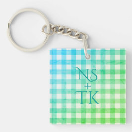 Llavero Plaid Green Blue Ombré Modern Simple Initials