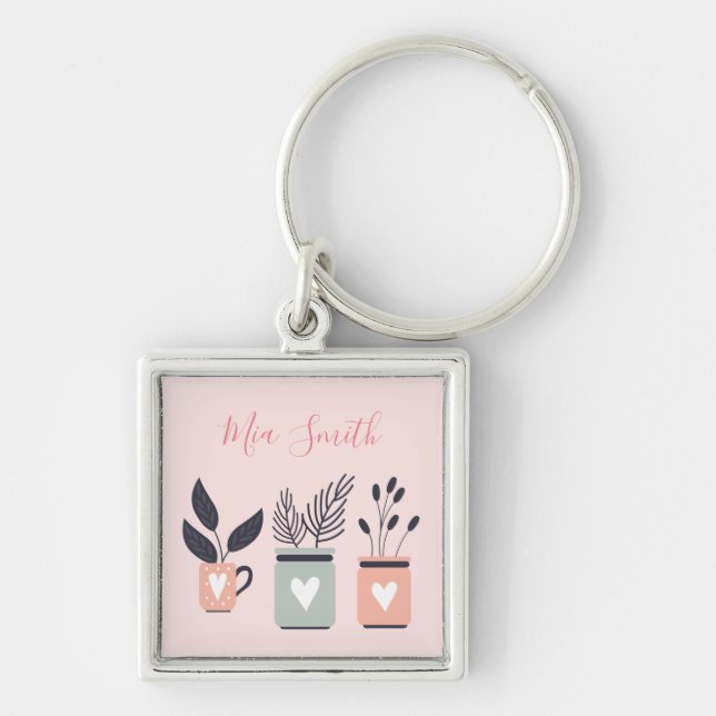 Llavero Plantas de maceta rosa pastel y gris moderno (Frente)
