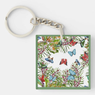 Llavero Plantas tropicales Mariposas Berries Azul Rojo