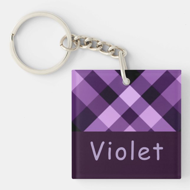 Llavero Pluma Purple Plaid Monograma Square Keychain (Frente)