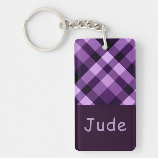 Llavero Pluma Púrpura Monograma Rectángulo Keychain (Frente)