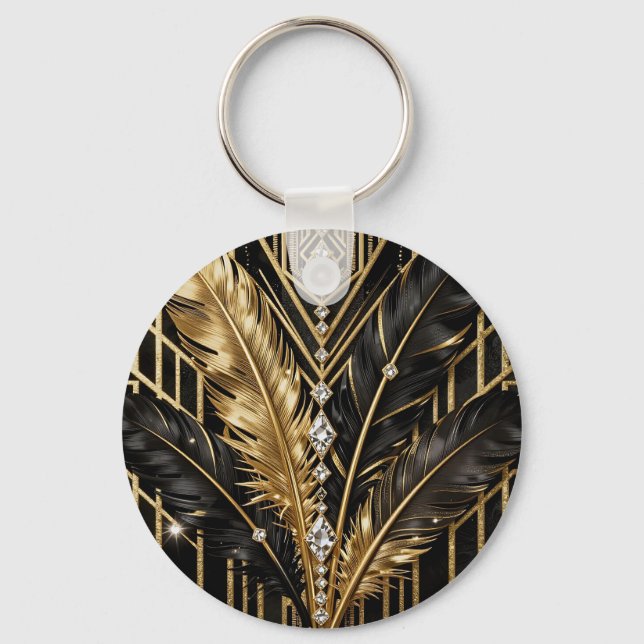 Llavero Plumas Art Deco Negro Oro (Anverso)