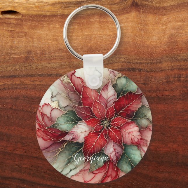 Llavero Poinsettia de tinta de alcohol floral festiva pers (Anverso)