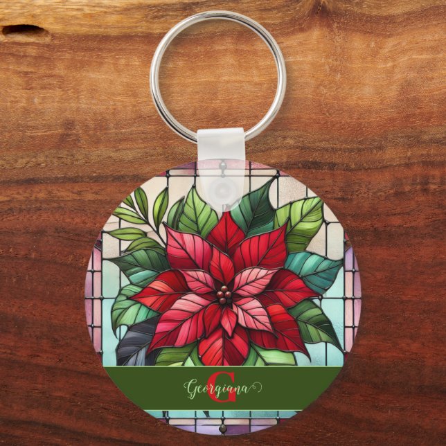 Llavero Poinsettia de vidrio templado personalizado (Anverso)
