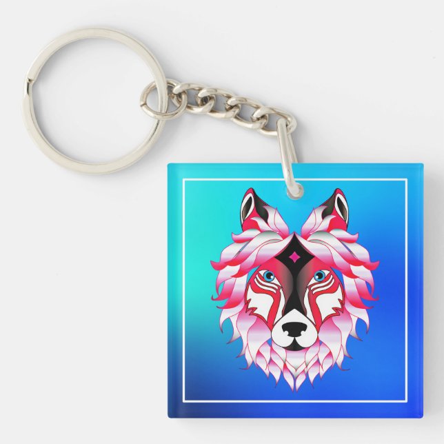 Llavero Polígono de cabeza de lobo rosa-24531 (Frente)