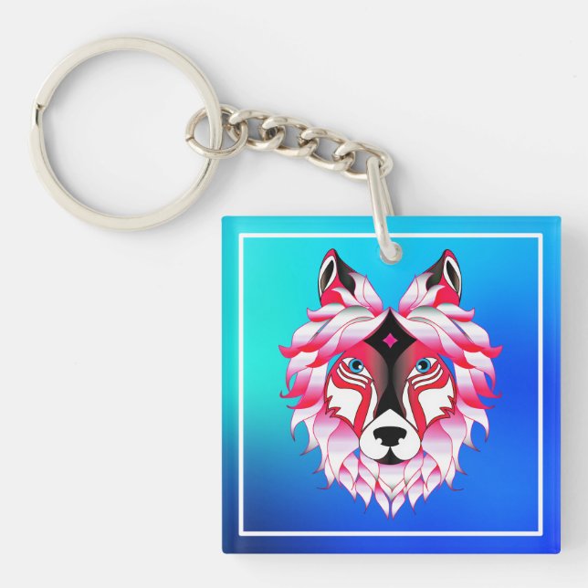 Llavero Polígono de cabeza de lobo rosa-24531 (Frente)