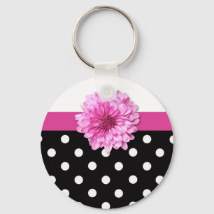 Llavero Polka blanco negro con flores rosadas no es muy am