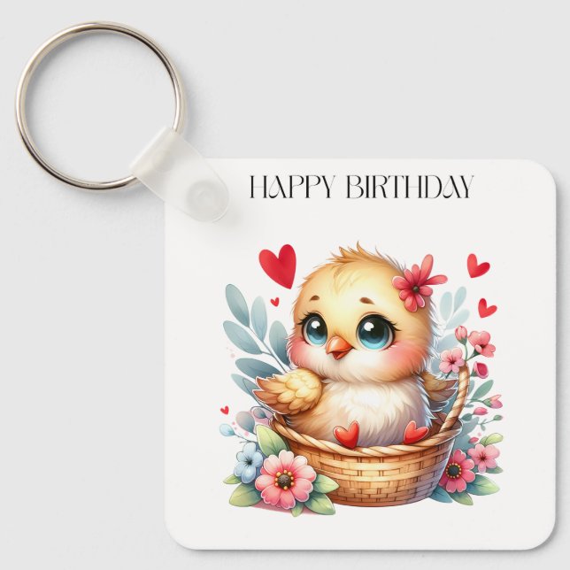 Llavero Pollito de cumpleaños lindo. (Anverso)