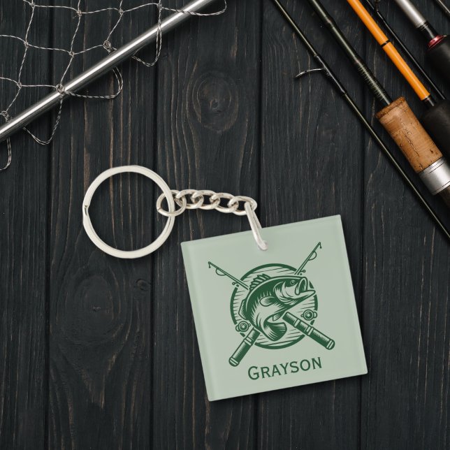Llavero Polo y pescado verde personalizado (Green Fisherman Poles and Fish Personalized Acrylic Keychain)