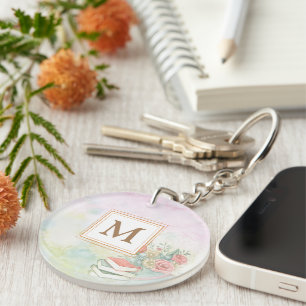 Llavero Polvo minimalista monogramado acuarela floral