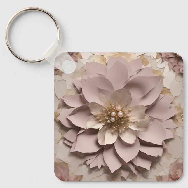 Llavero Polvo Rosa Floral Aluminio cuadrado Keychain (Anverso)