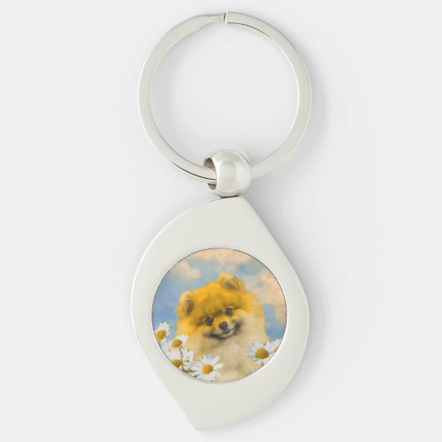 Llavero Pomerania en pintura de Daisies - Arte de perro or (Anverso)