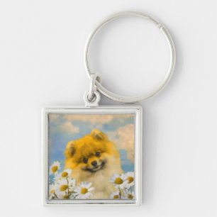 Llavero Pomerania en pintura de Daisies - Arte de perro or