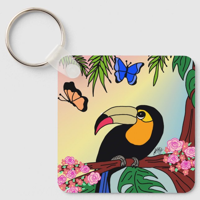 Llavero Porta-chaves Tucano tropical e borboletas (Anverso)