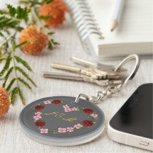 Porte-clés en acrylique gris avec cœur rose et rou