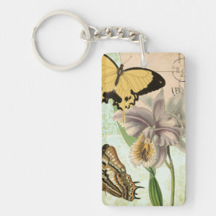 Llavero Postales antiguas con mariposas y flores
