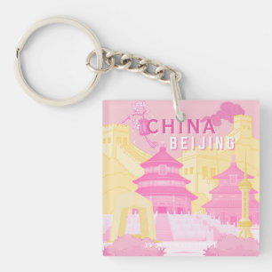 Llavero Póster de viaje a Pekín, China   Arte rosa y amari