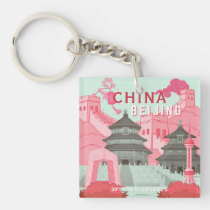 Llavero Póster de viaje a Pekín, China Arte verde menta,
