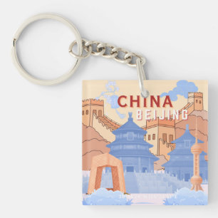 Llavero Póster de viaje a Pekín, China Azul pastel y mel