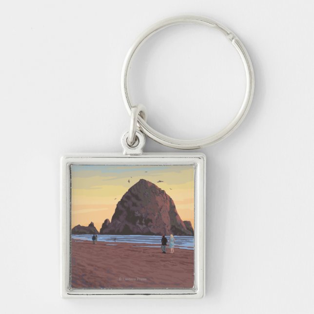 Llavero Poster de viaje de Haystack Rock Vintage (Frente)