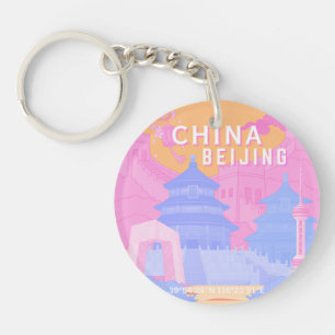 Llavero Póster de viaje de Pekín China Pastel rosa y azu