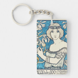 Llavero Póster vintage de mujer Art Nouveau con flores azu