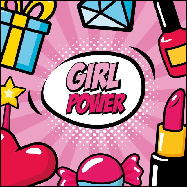 Llavero Potencia chica (Pop art illustration with a pink background and white dots, featuring a speech bubble.)
