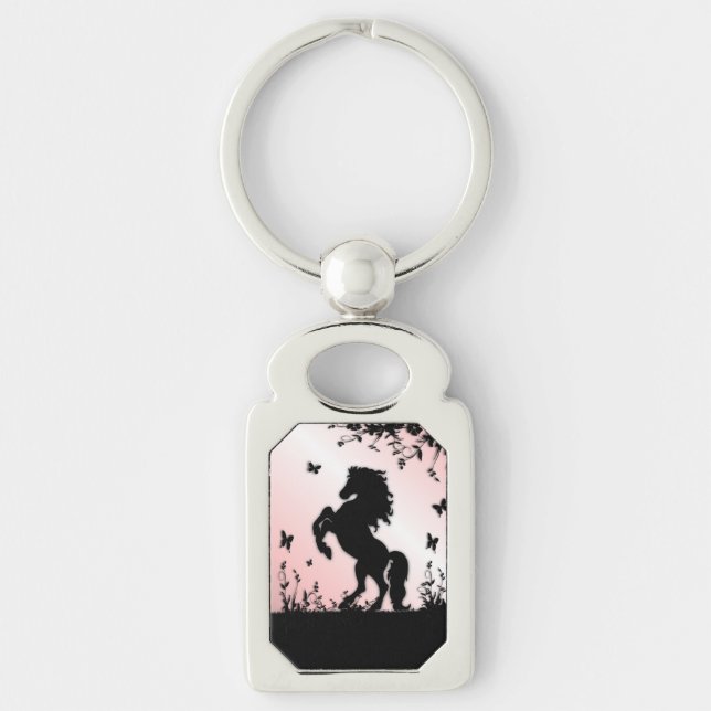 Llavero Potro Negro Alzándose Rosa (Anverso)