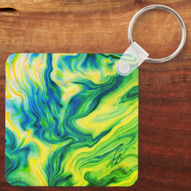 Llavero Pour acrílica, azul, verde, amarillo / (Reverso )